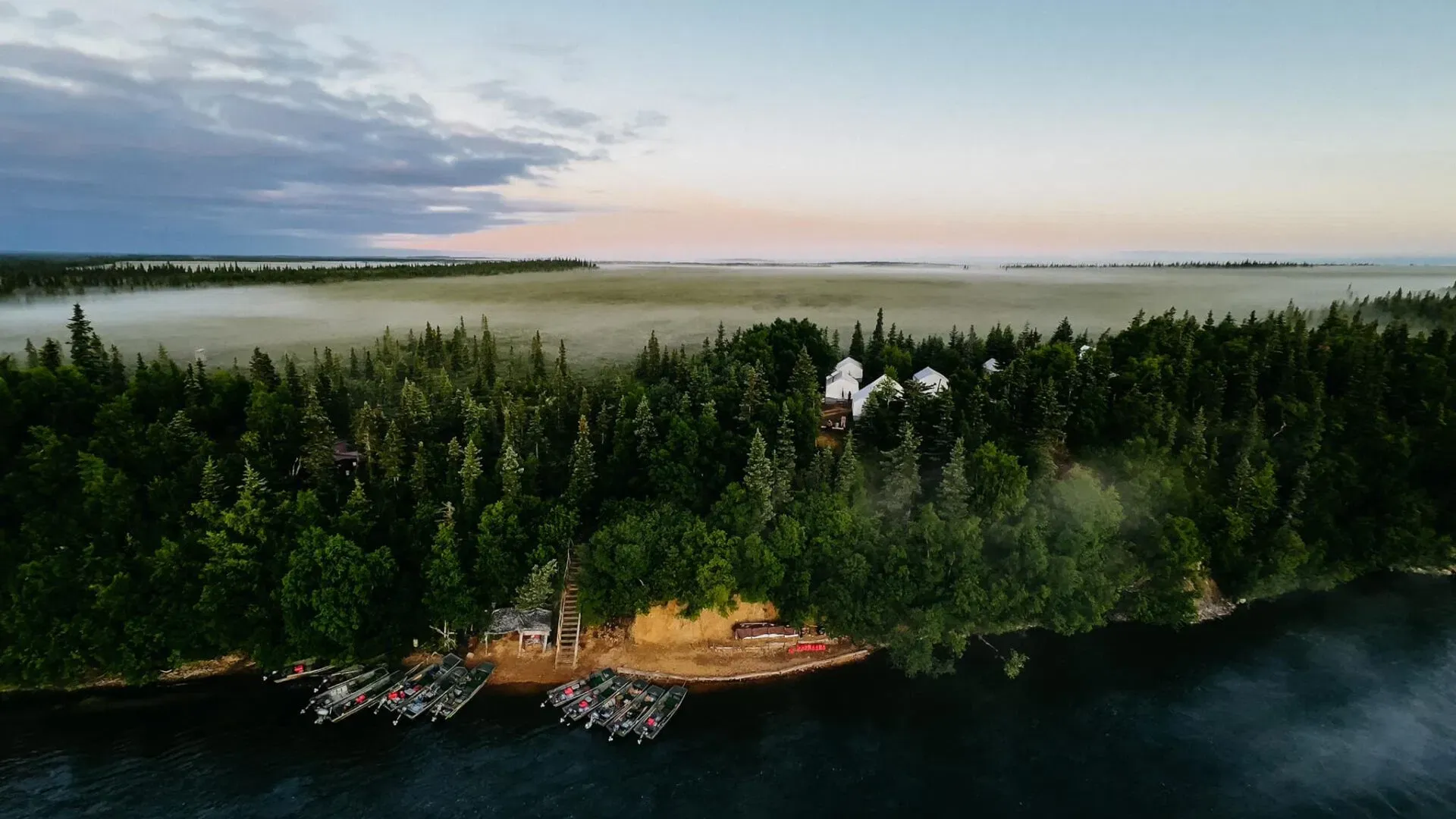 Aerial view of the Alaska Trophy Fishing Safaris camp on the Mulchatna River at sunrise